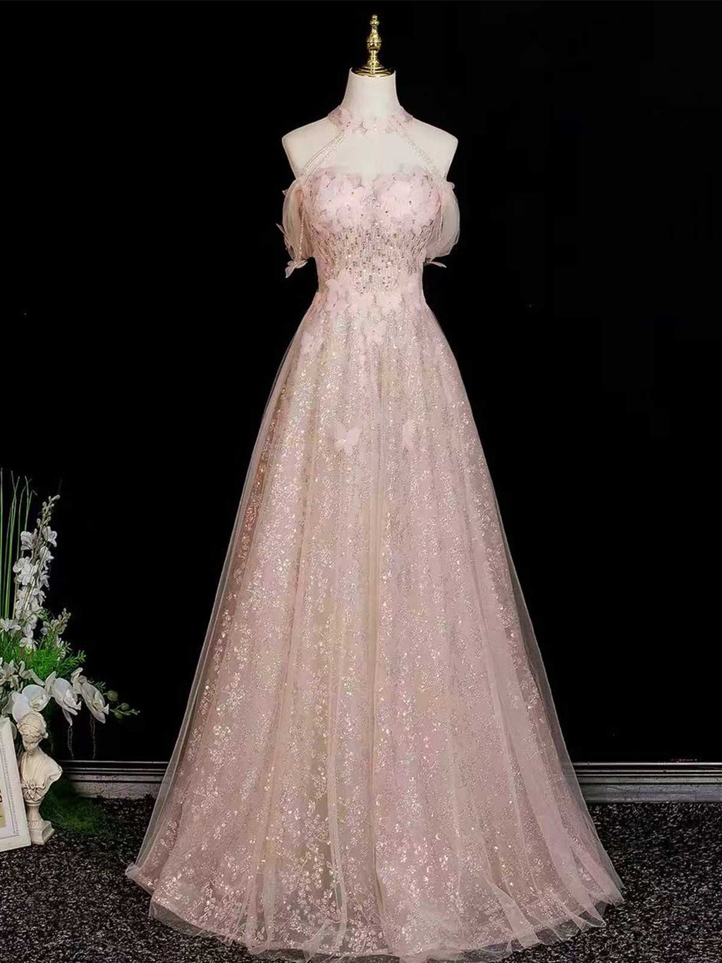Blush Pink Halter Neck Sparkly Tulle A-Line Formal Prom Dress