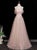 Blush Pink Halter Neck Sparkly Tulle A-Line Formal Prom Dress