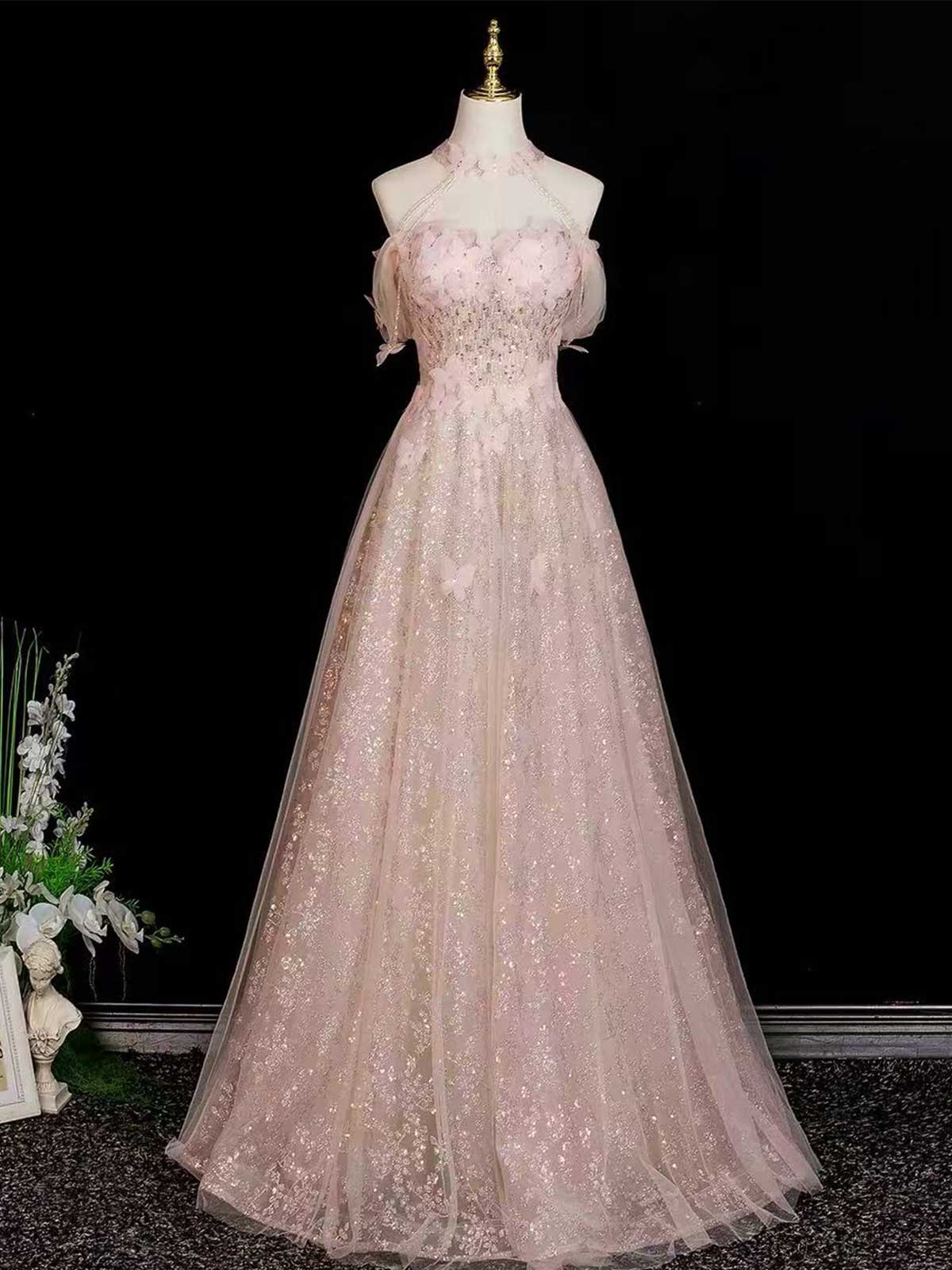 Blush Pink Halter Neck Sparkly Tulle A-Line Formal Prom Dress
