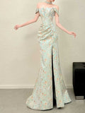 Mint Green Off-the-Shoulder Floral Satin Mermaid Evening Gown with Slit