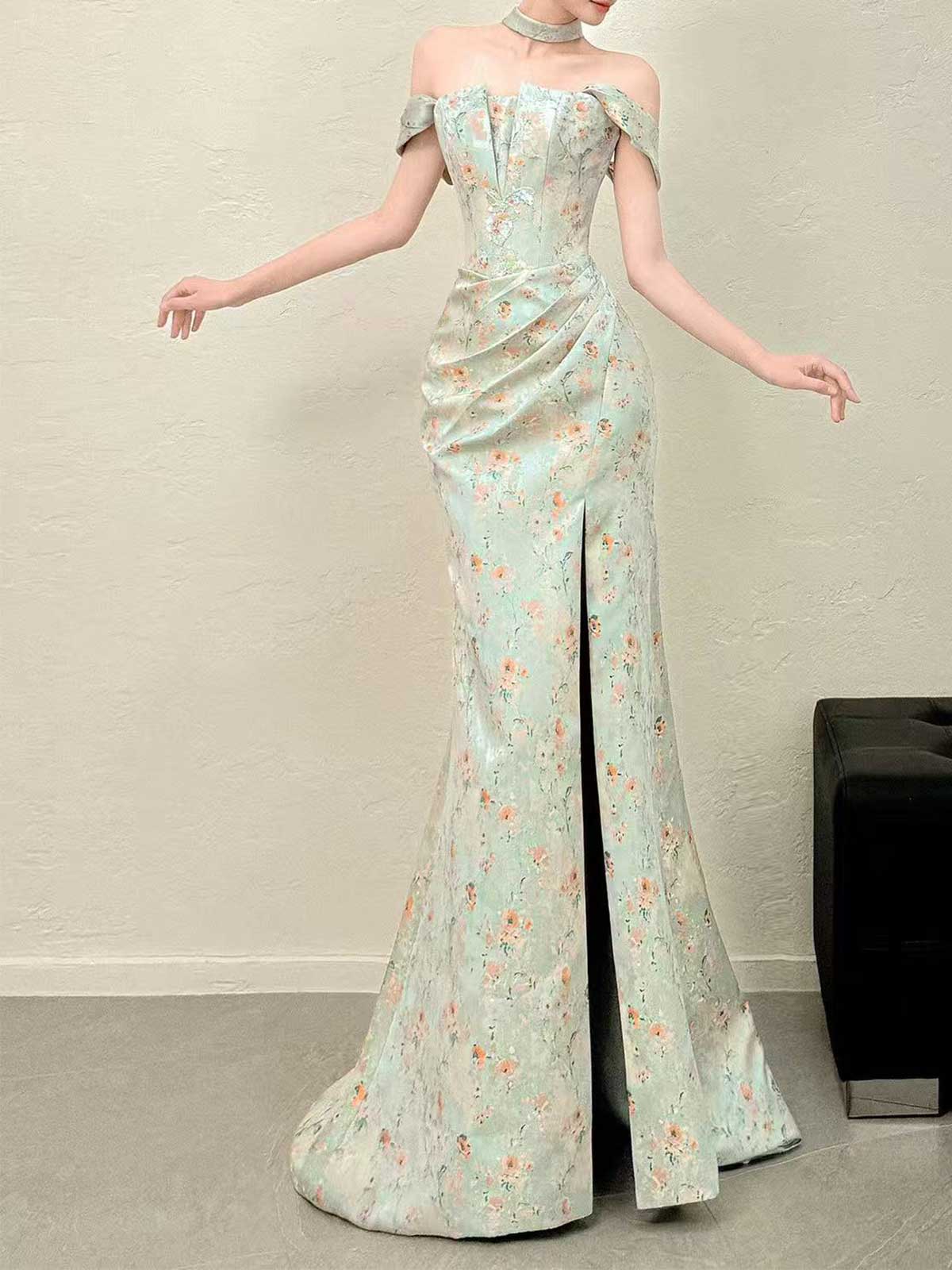 Mint Green Off-the-Shoulder Floral Satin Mermaid Evening Gown with Slit