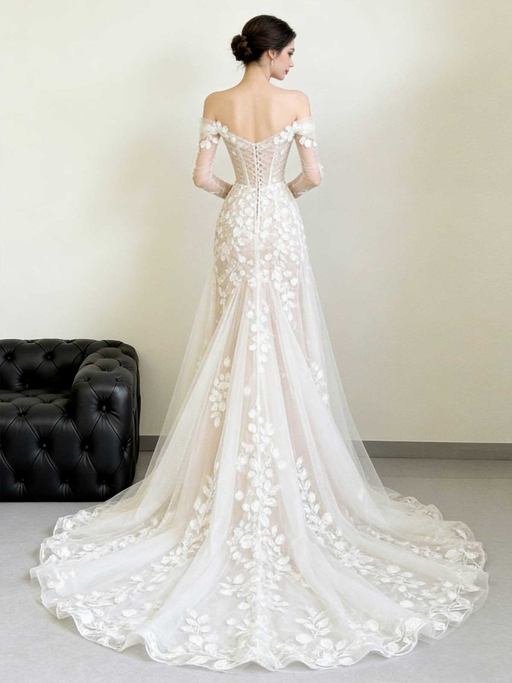 Ethereal Off-Shoulder 3D Floral Tulle Gown with Sheer Sleeves