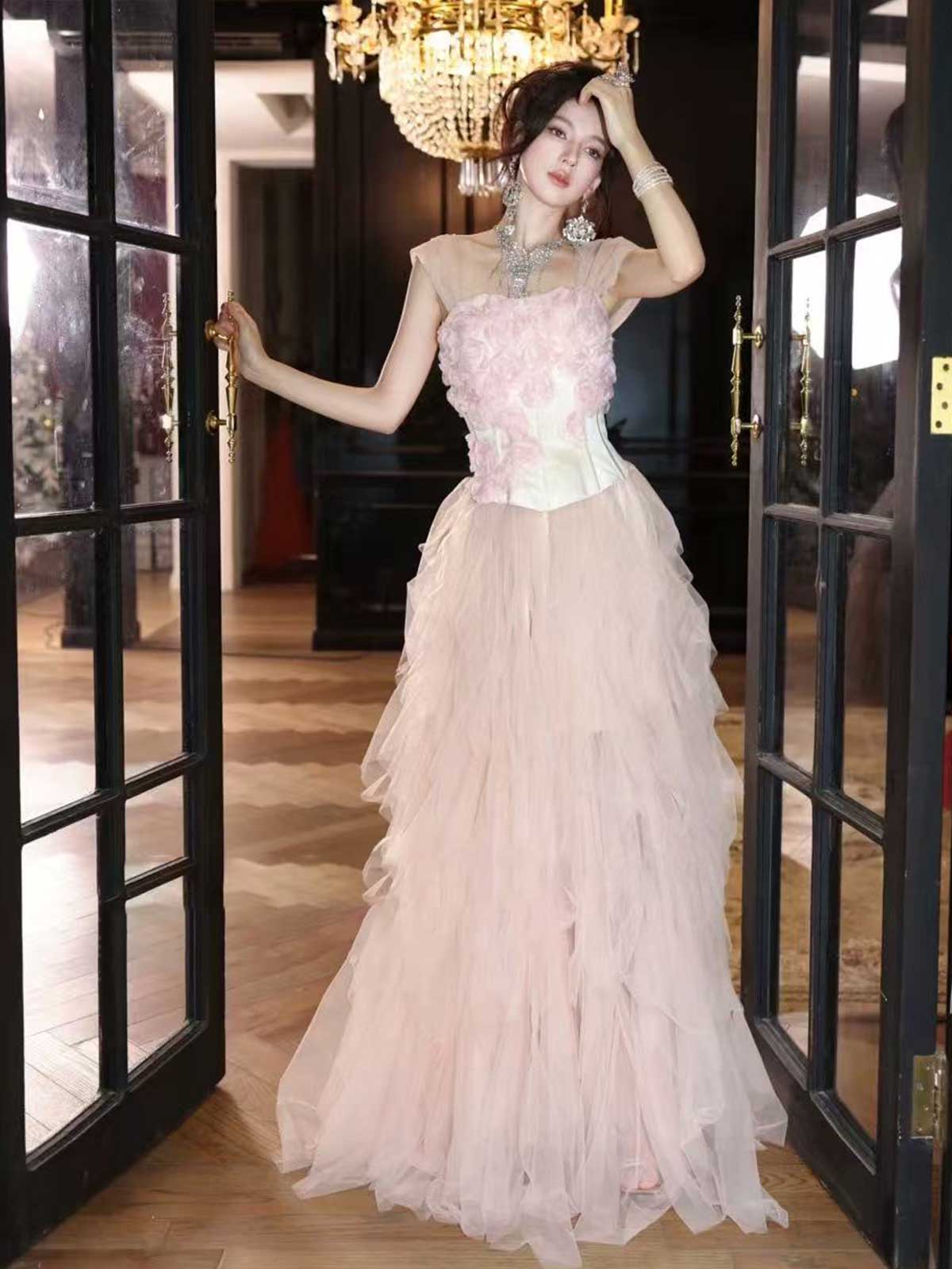 Blush Pink 3D Floral Ruffle Tiered Tulle A-Line Prom Gown