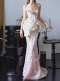 Blush & Ivory Strapless Floral Lace Mermaid Gown with Satin Peplum