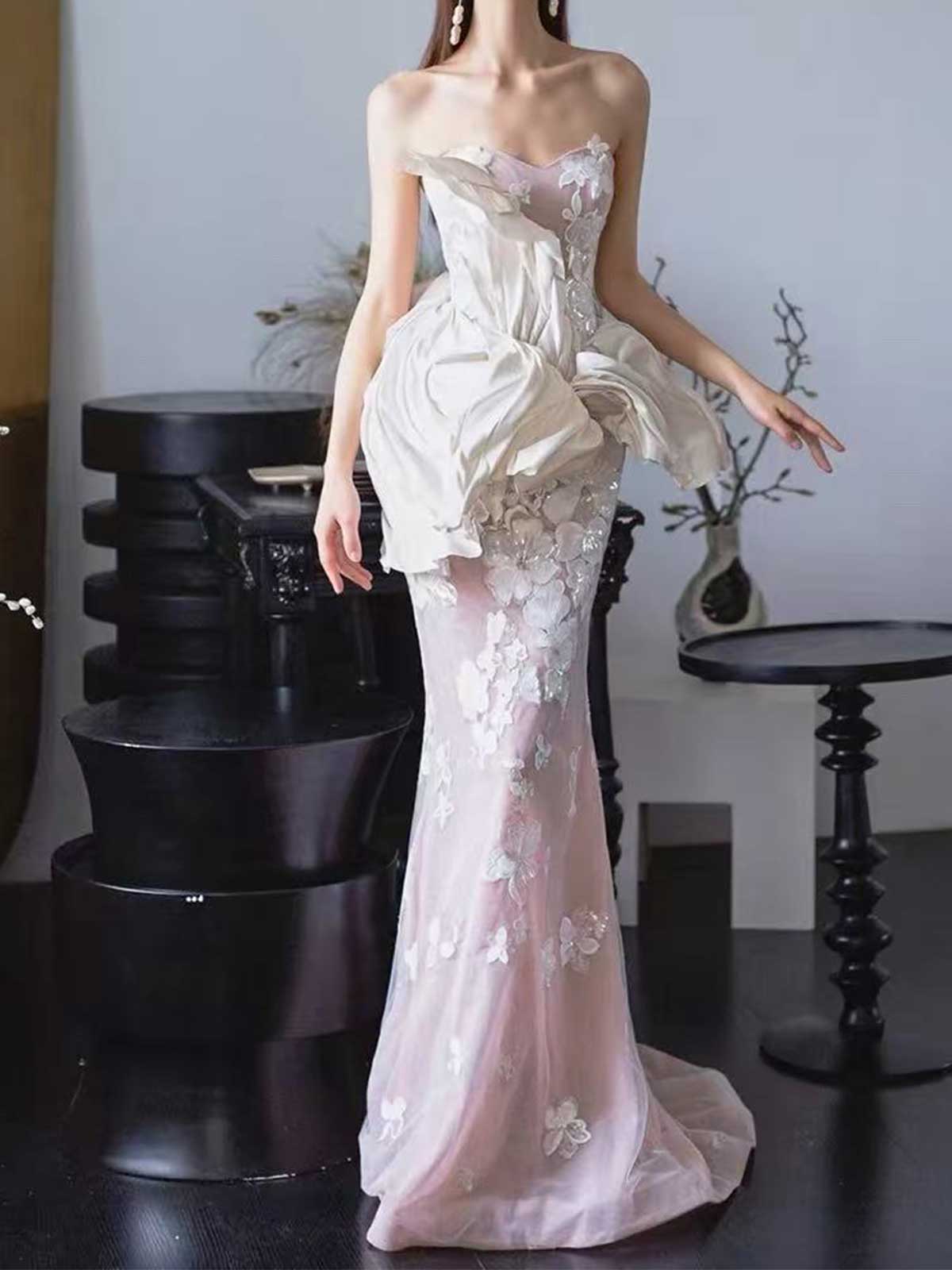 Blush & Ivory Strapless Floral Lace Mermaid Gown with Satin Peplum