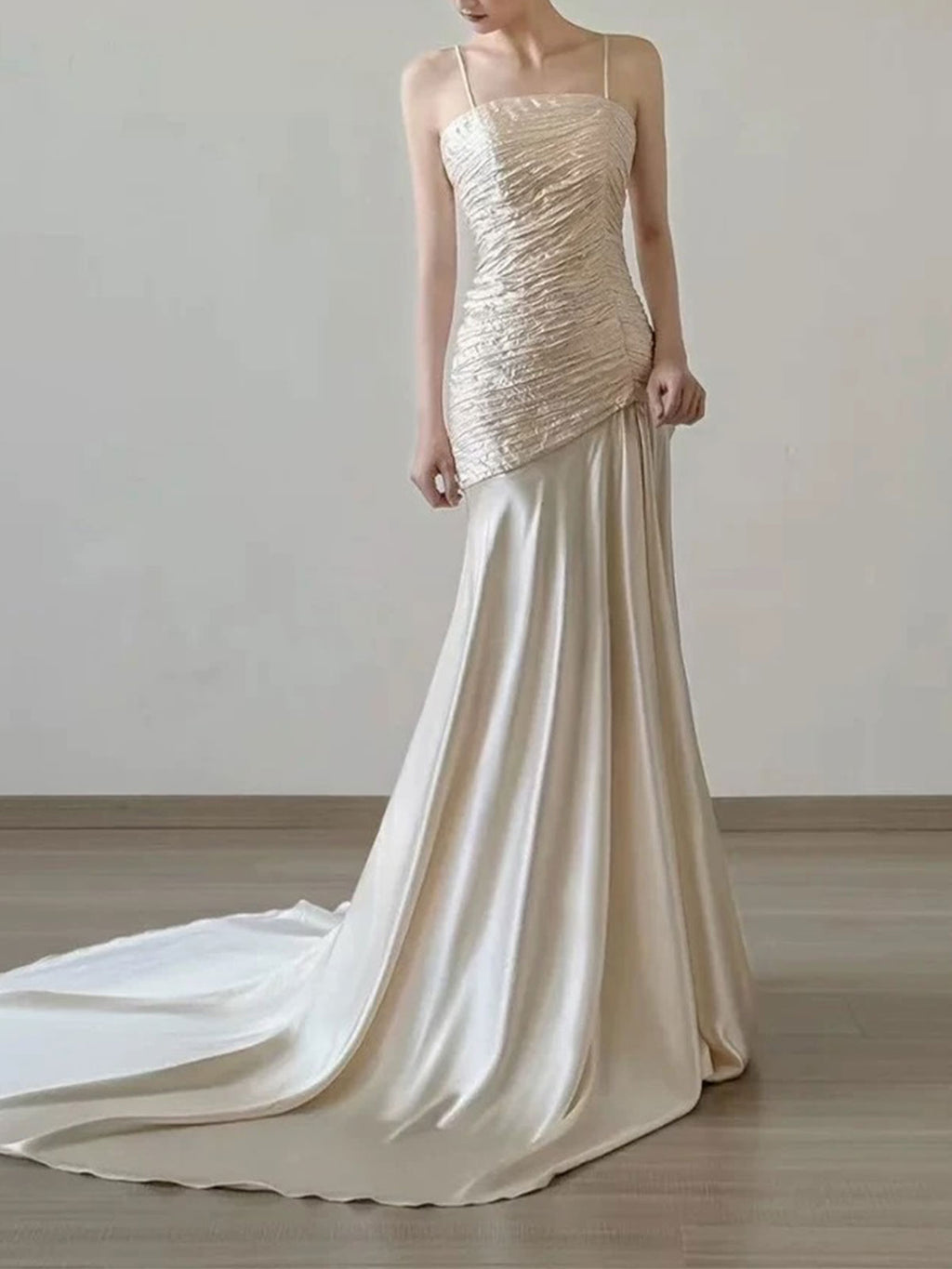Champagne Satin Mermaid Evening Gown with Ruched Bodice