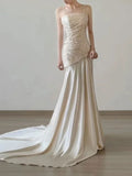 Champagne Satin Mermaid Evening Gown with Ruched Bodice