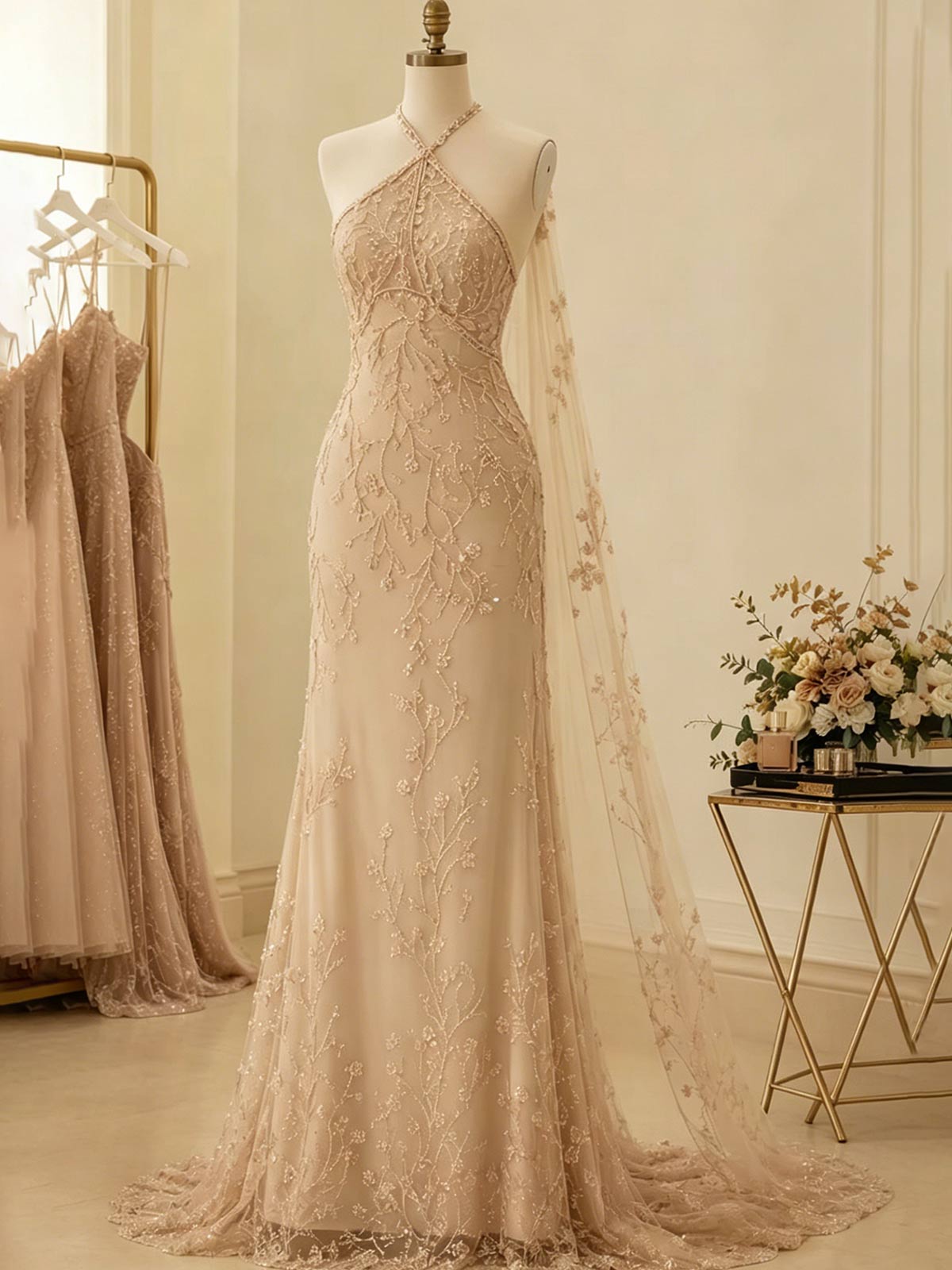 Champagne Beaded Halter Neck Evening Gown with Tulle Cape