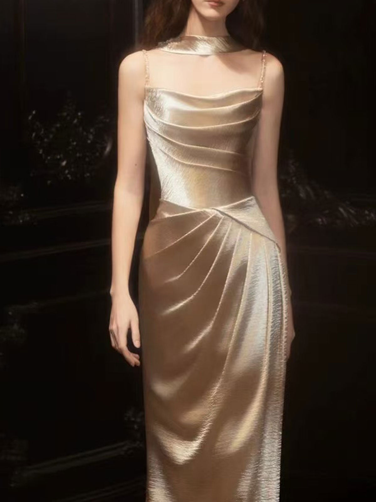 Champagne Satin Mermaid Gown with Halter Strap & Draped Bodice