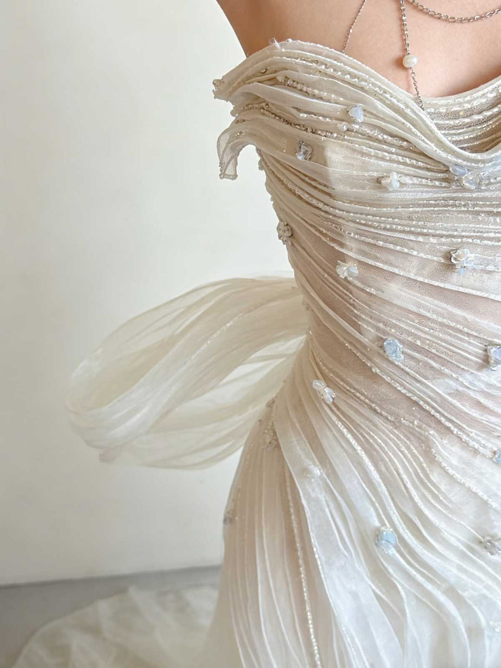 Stunning Ruched Organza Wedding Gown with Detachable Overskirt & Dramatic Train