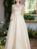 Ivory Satin Strapless A-Line Wedding Dress with 3D Floral Accent