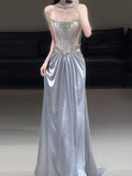 Halter Neck Ice Blue Crystal Corset Draped Satin Evening Gown