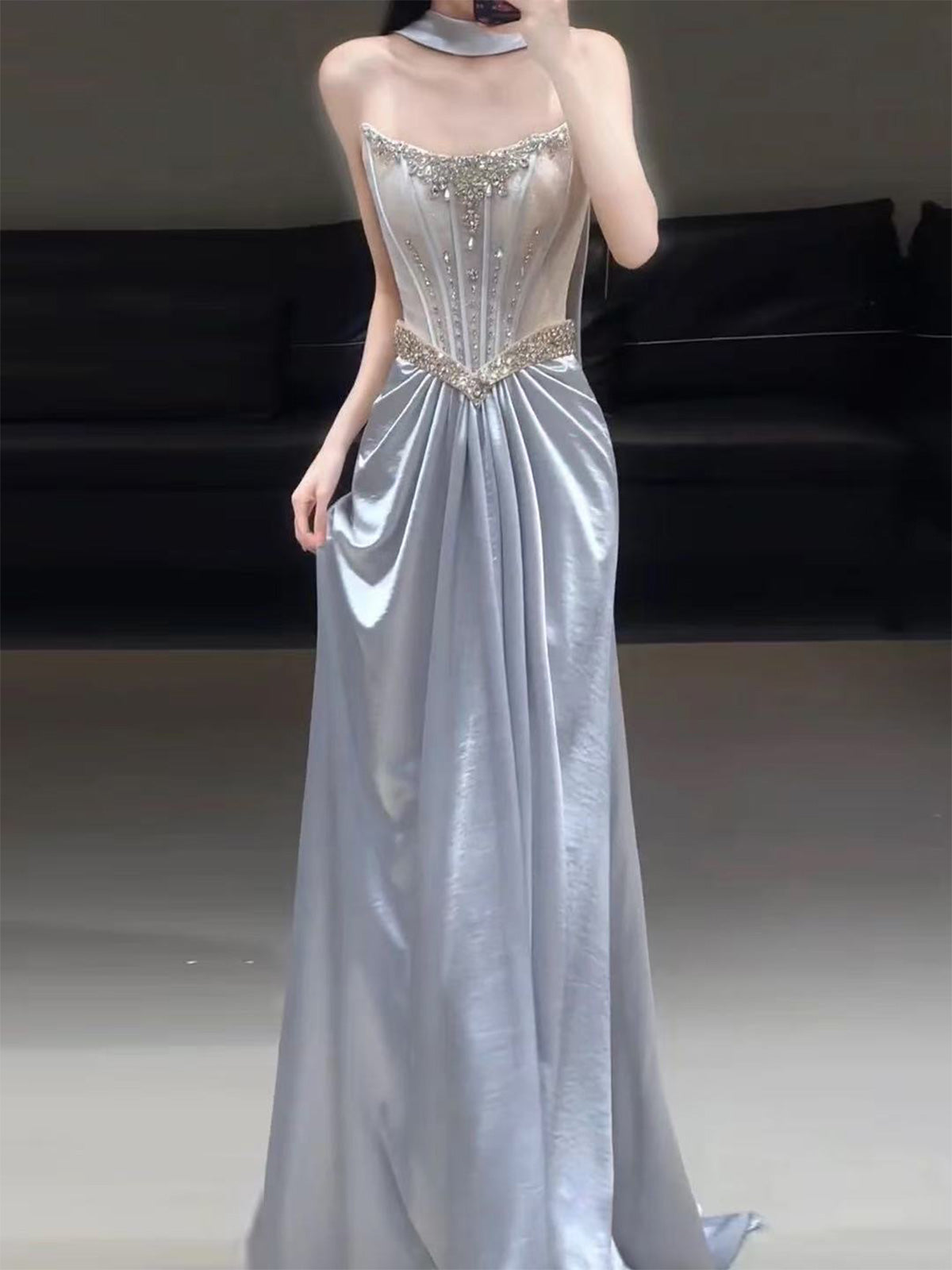Halter Neck Ice Blue Crystal Corset Draped Satin Evening Gown