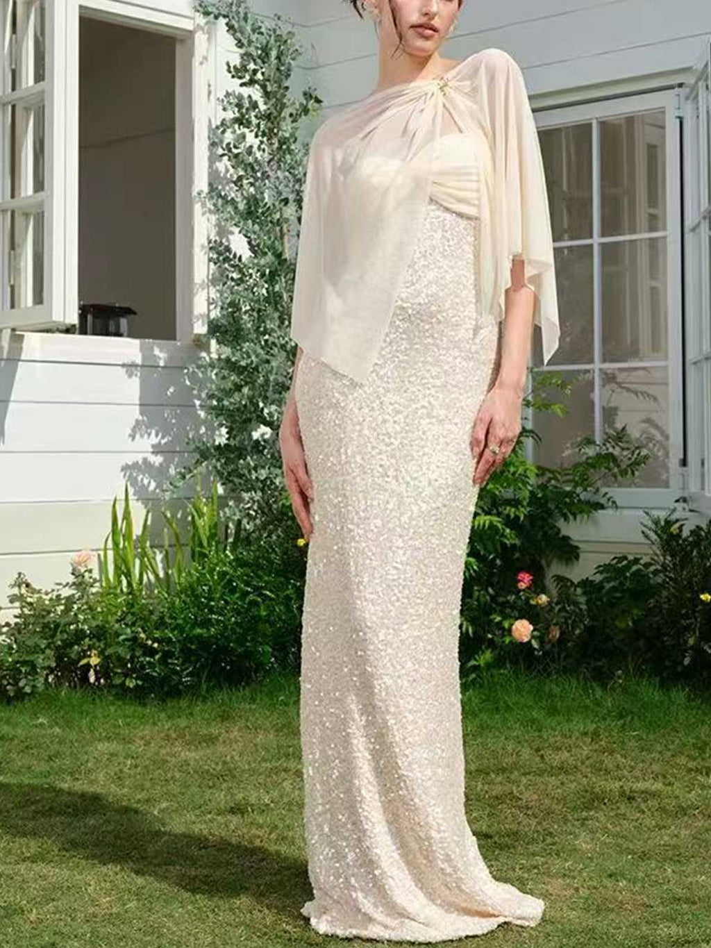 Champagne Sequin Mermaid Evening Gown with Chiffon Cape Overlay Formal Dress