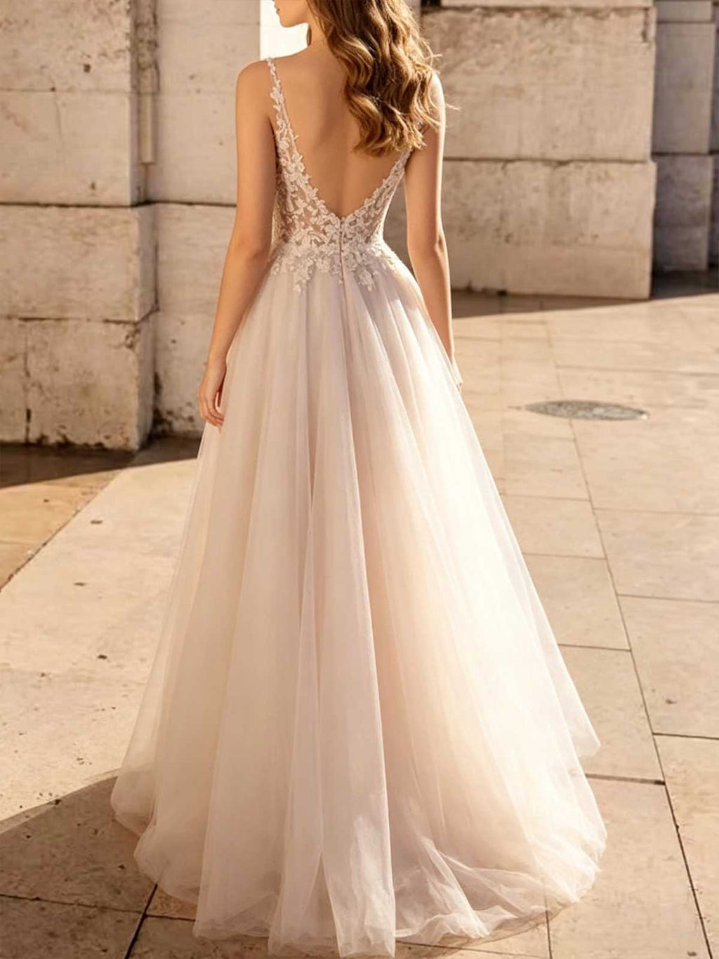 Ivory Lace V-Neck Sheer Tulle A-Line Wedding Dress