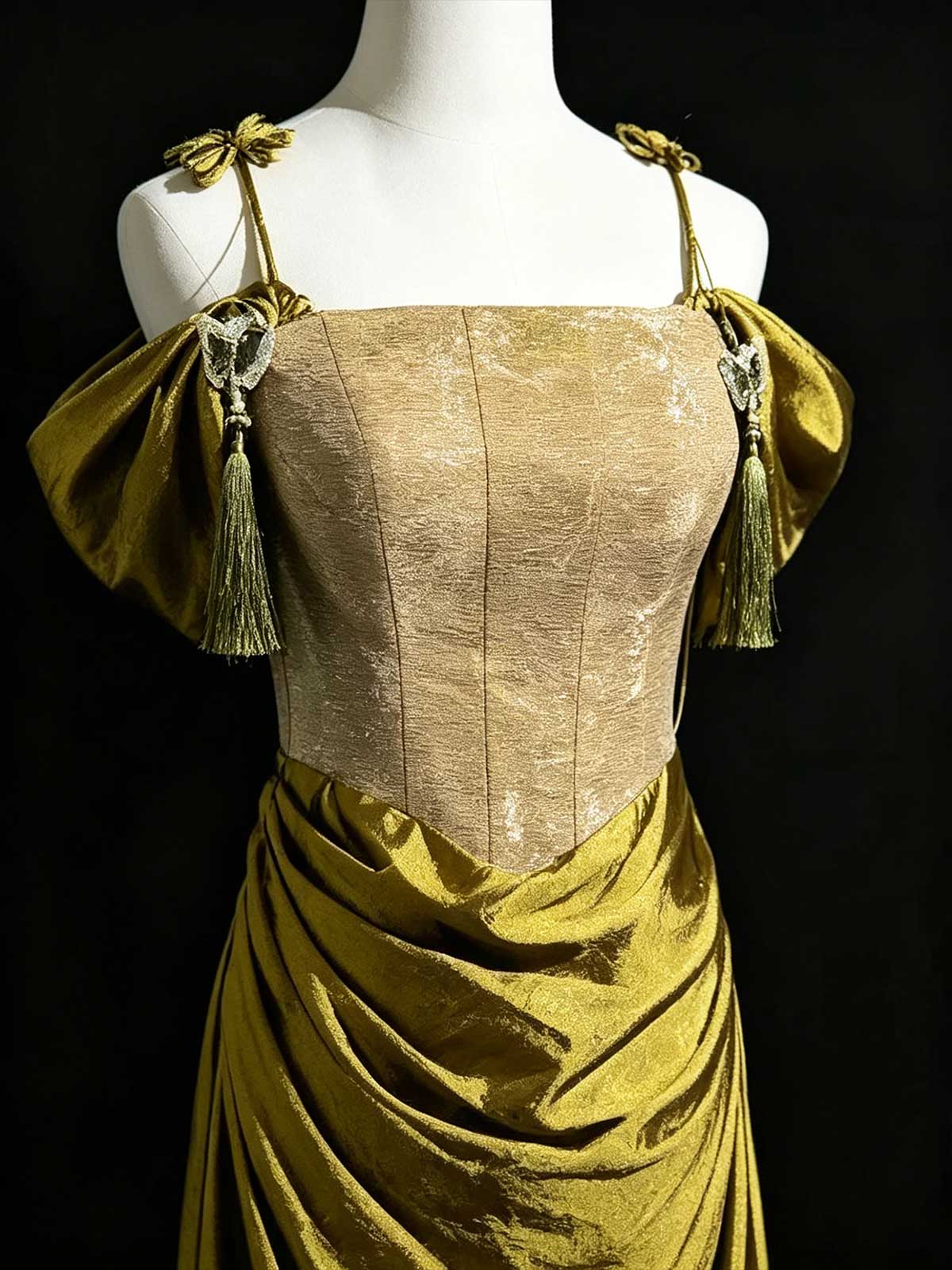 Gold Off-the-Shoulder Satin Mermaid Evening Gown with Corset Bodice