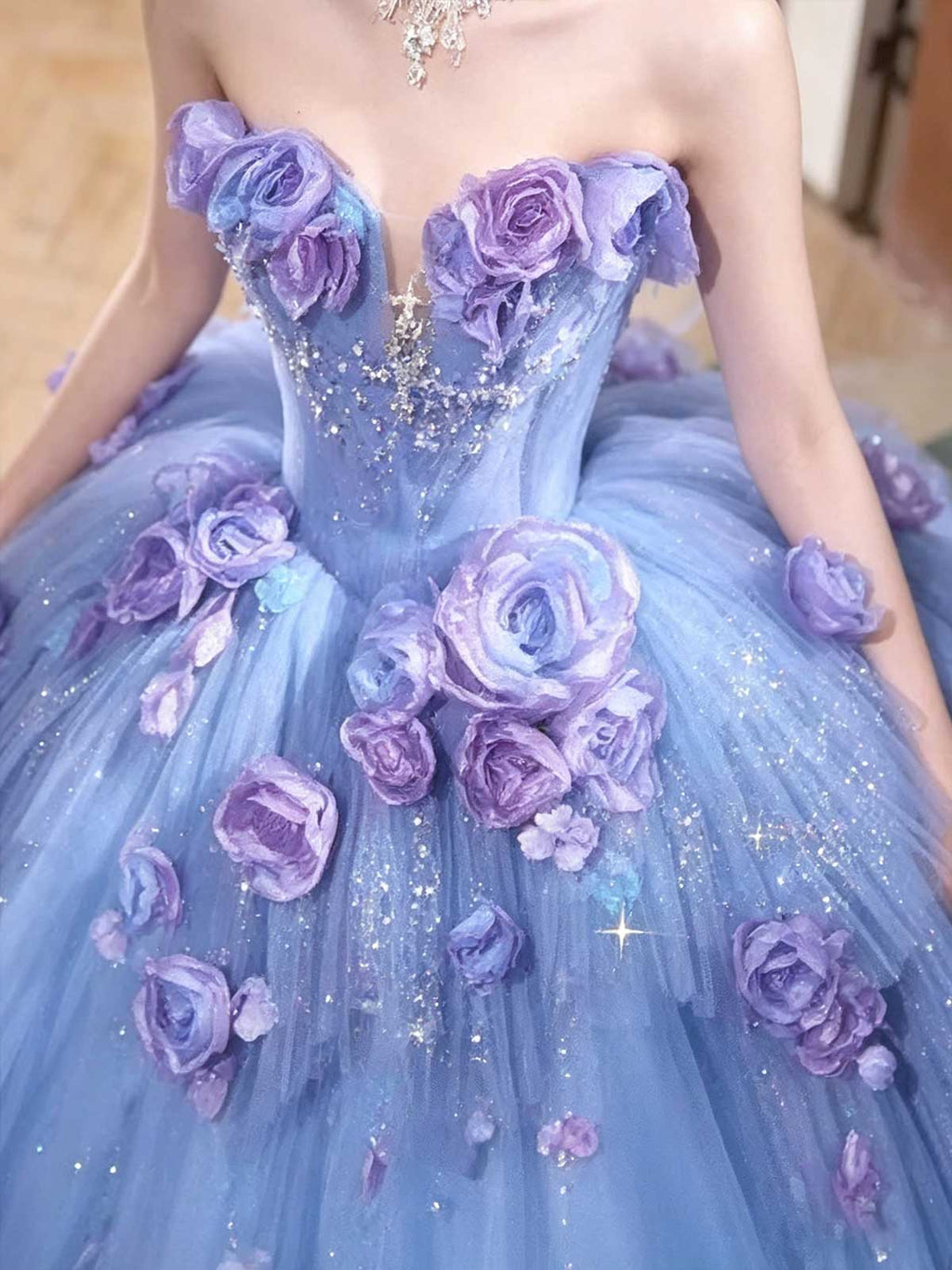Blue to Purple Ombre Strapless Ball Gown with 3D Floral Appliqués