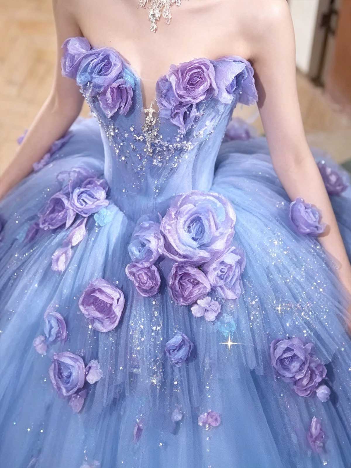Blue to Purple Ombre Strapless Ball Gown with 3D Floral Appliqués
