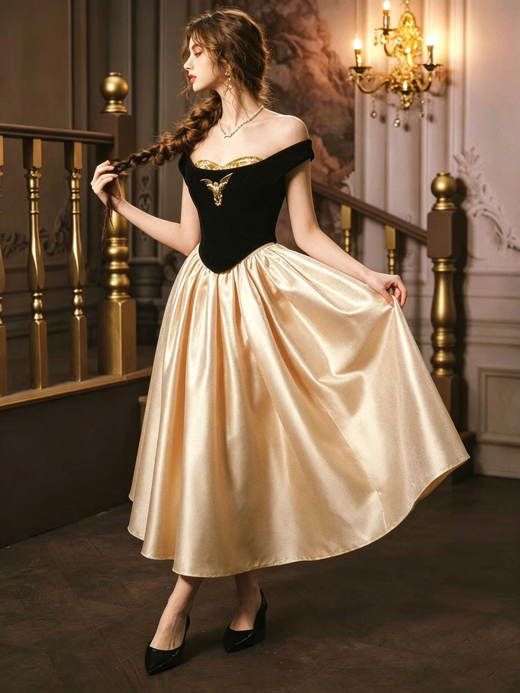 Black Gold Velvet Strapless A-Line Evening Gown