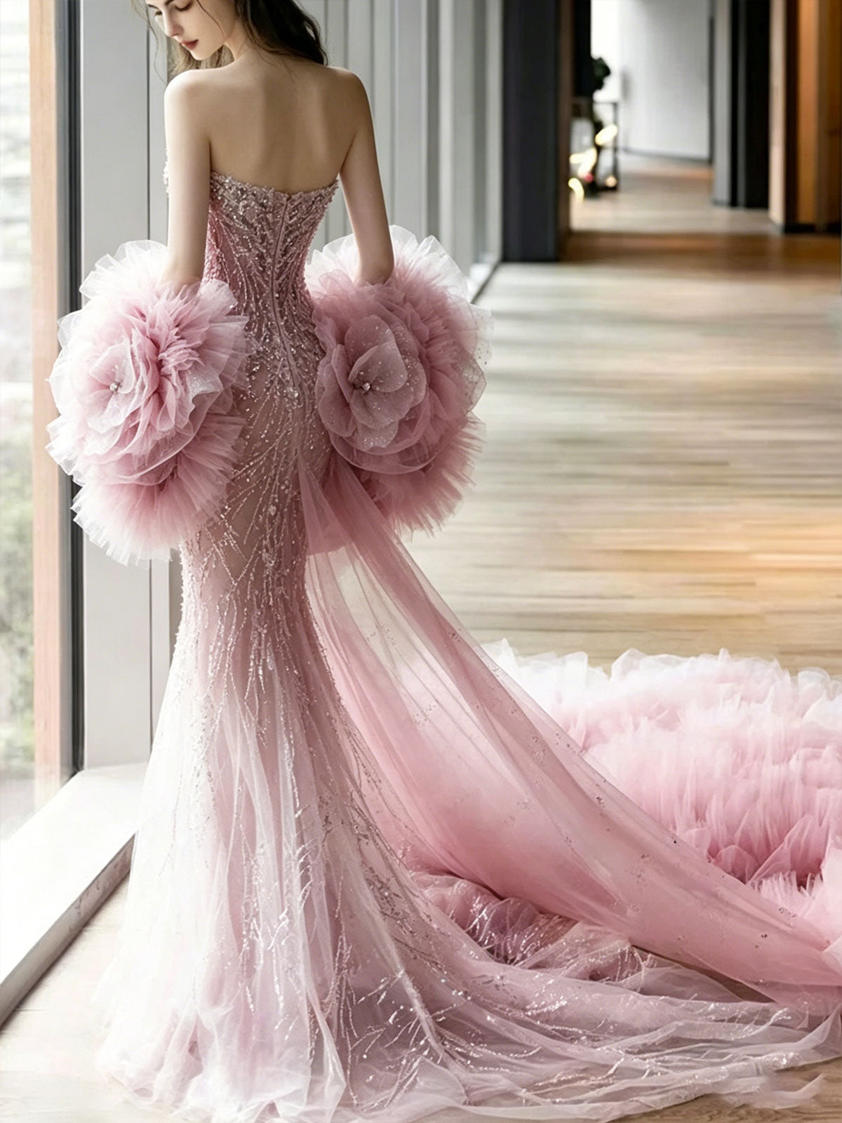 Strapless Pink Floral Tulle Glitter Mermaid Train Evening Gown