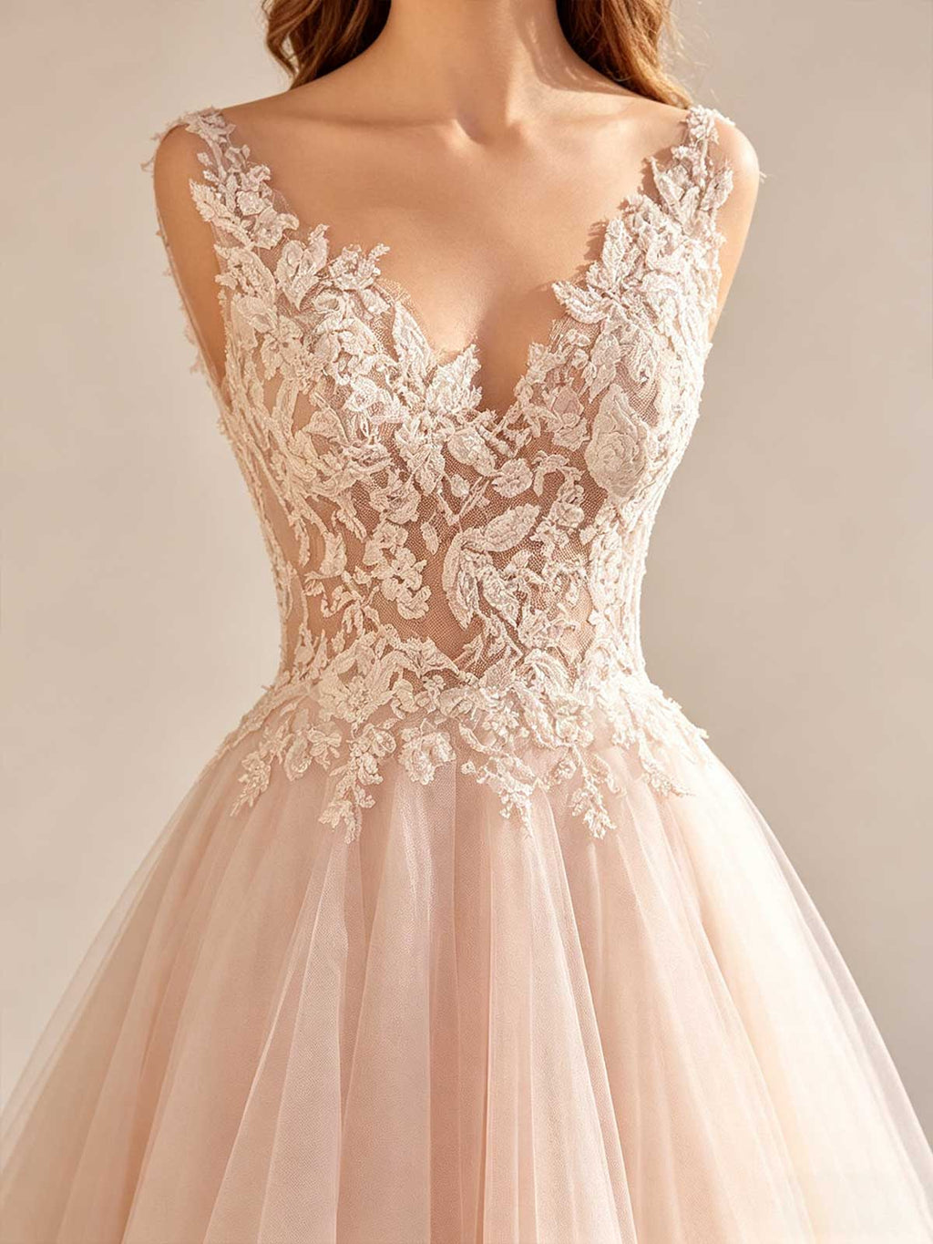 Ivory Lace V-Neck Sheer Tulle A-Line Wedding Dress