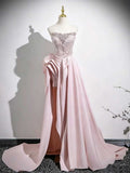 Blush Pink Strapless Beaded Evening Gown with Overskirt & High Slit
