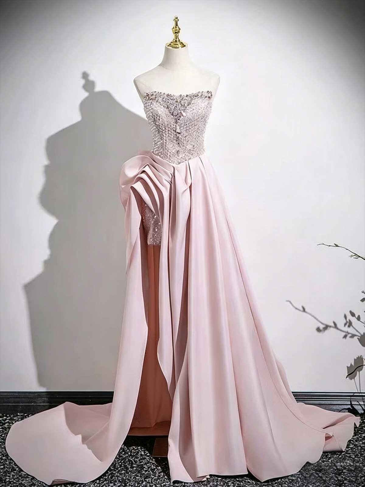 Blush Pink Strapless Beaded Evening Gown with Overskirt & High Slit