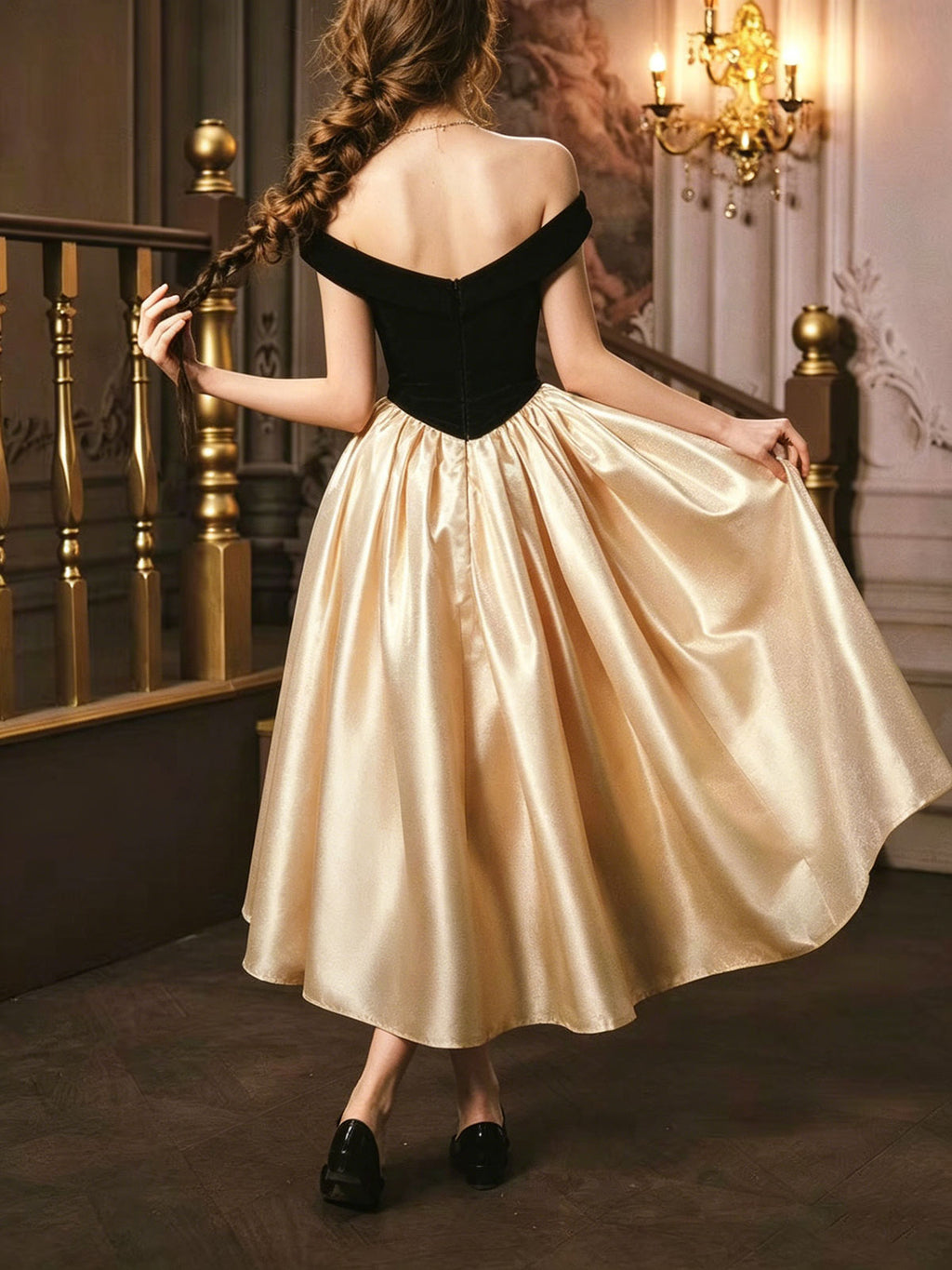 Black Gold Velvet Strapless A-Line Evening Gown