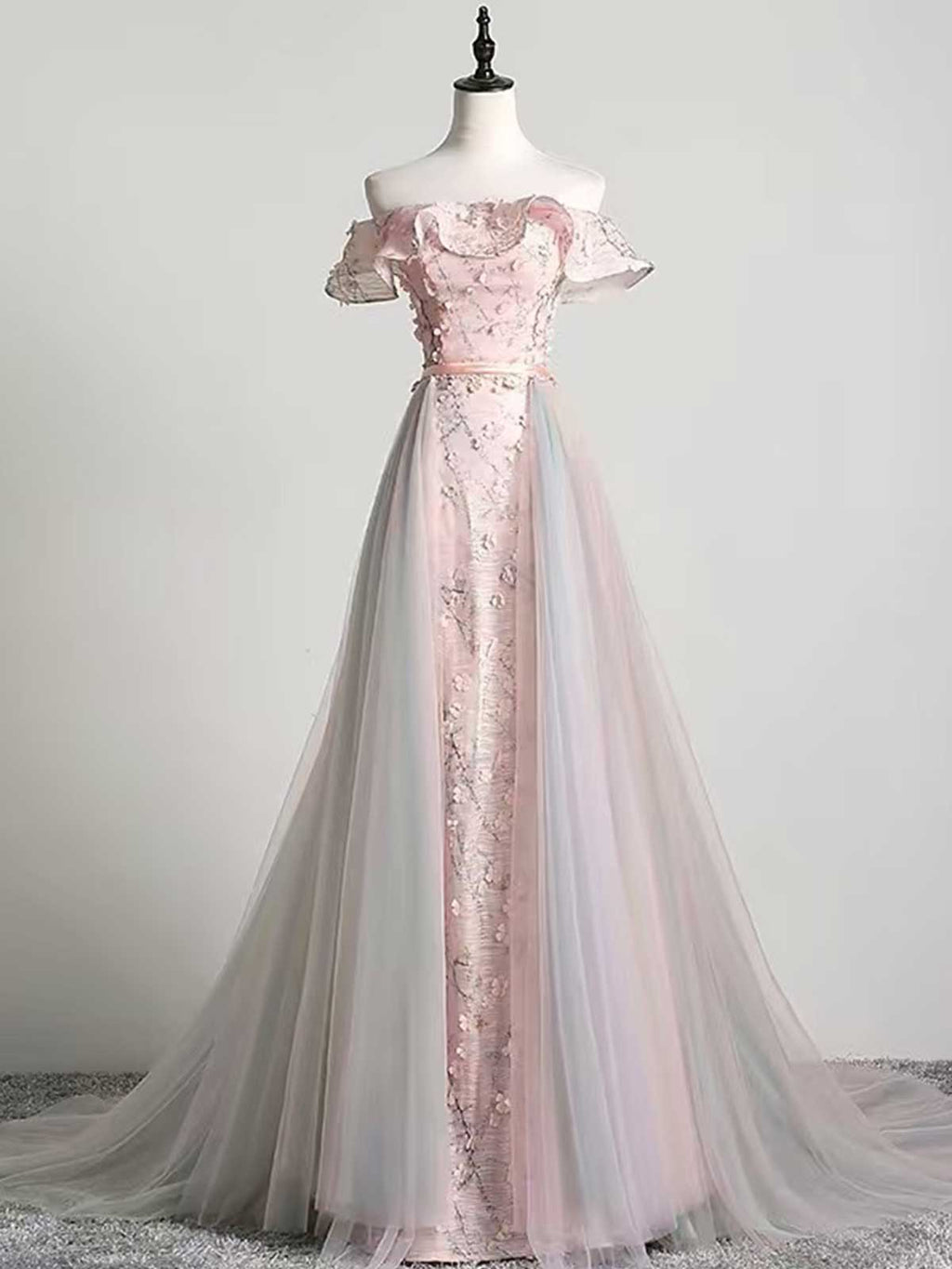 Blush & Blue Gradient Off-the-Shoulder Floral Tulle Evening Gown