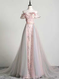 Blush & Blue Gradient Off-the-Shoulder Floral Tulle Evening Gown