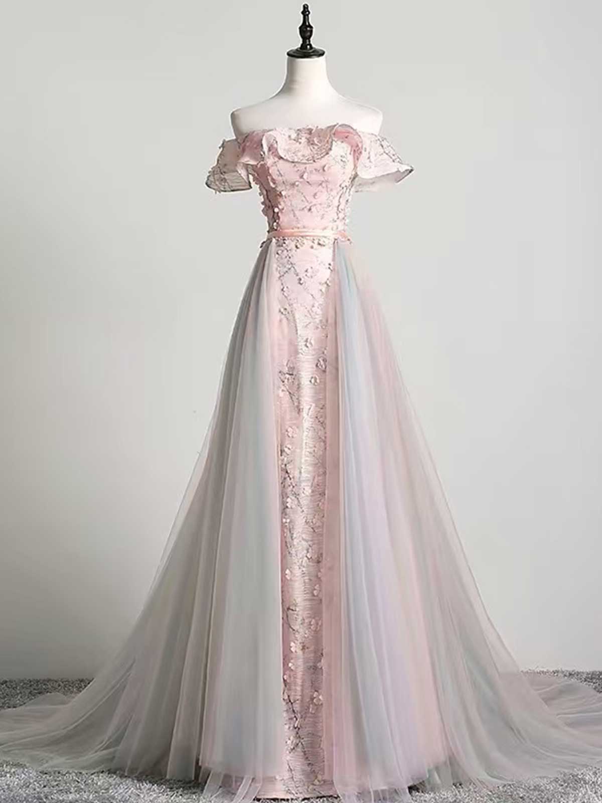 Blush & Blue Gradient Off-the-Shoulder Floral Tulle Evening Gown