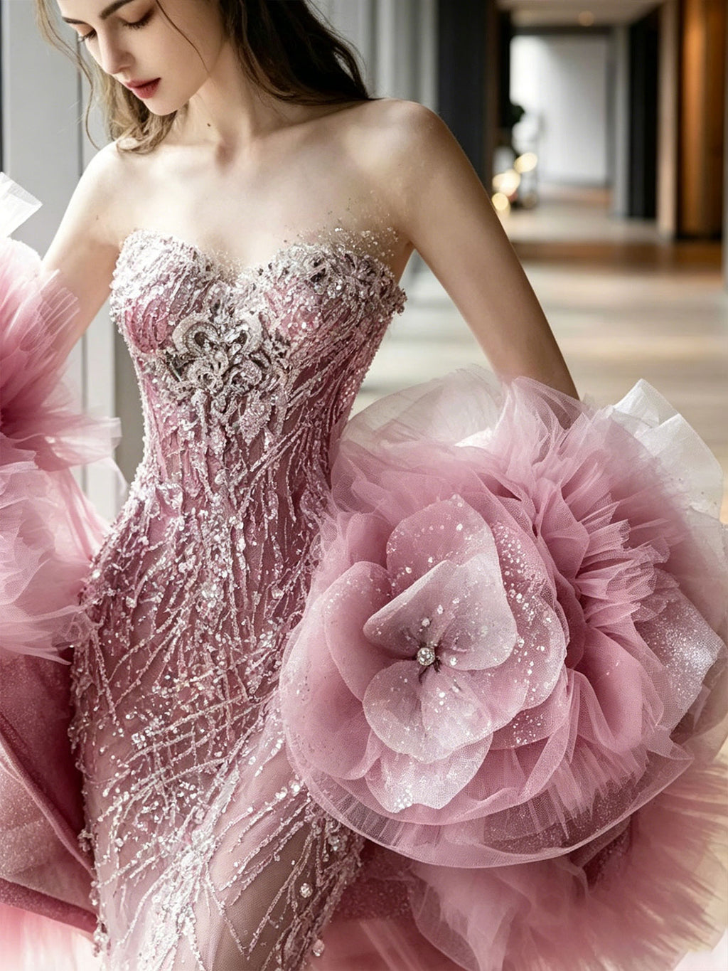 Strapless Pink Floral Tulle Glitter Mermaid Train Evening Gown