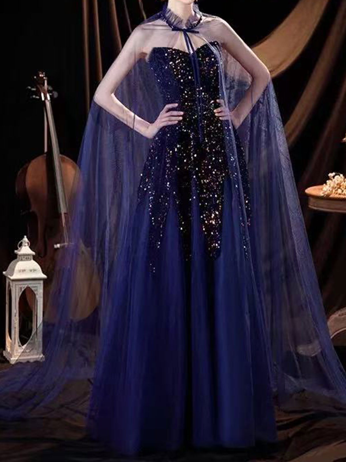 Navy Blue Strapless Sequin Evening Gown with Sheer Cape