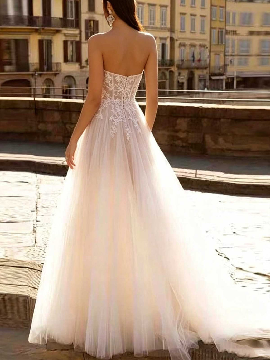 Blush Pink Lace Strapless Sheer Tulle A-Line Wedding Dress