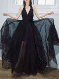 Black Halter Polka Dot Sequin Tulle Evening Gown