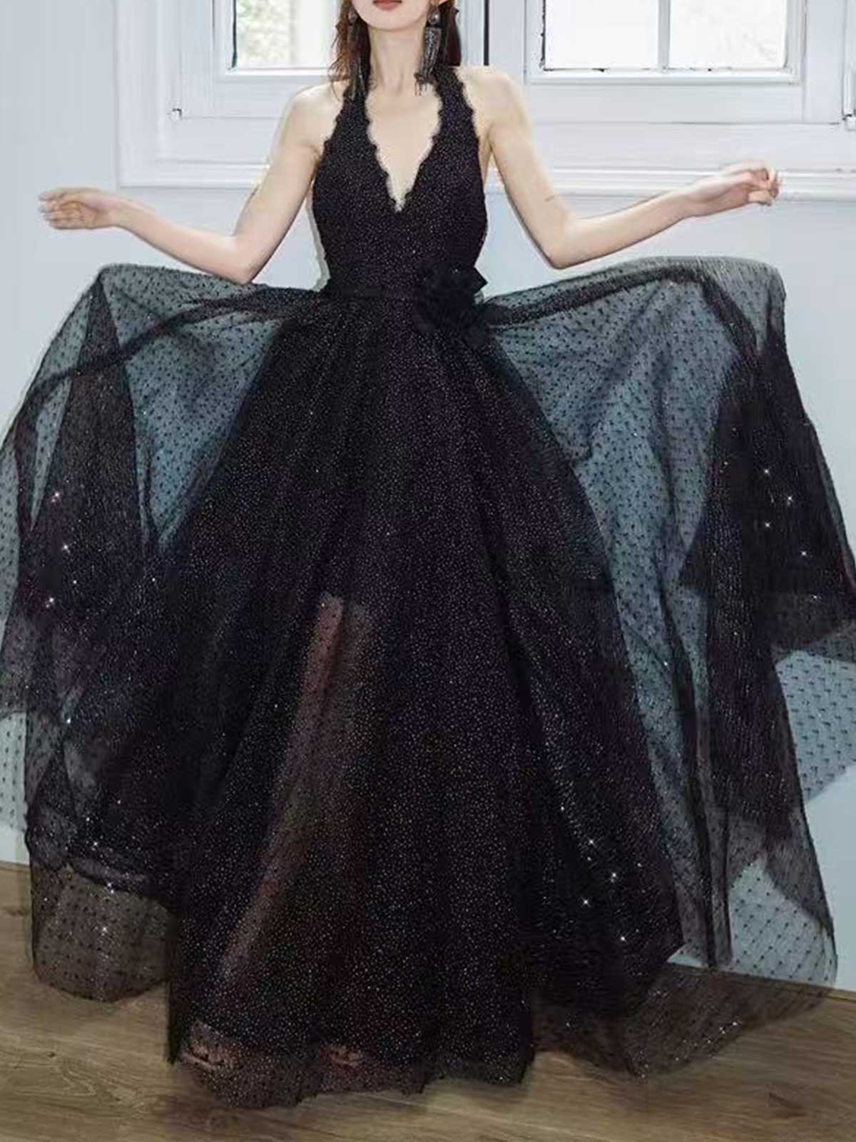 Black Halter Polka Dot Sequin Tulle Evening Gown