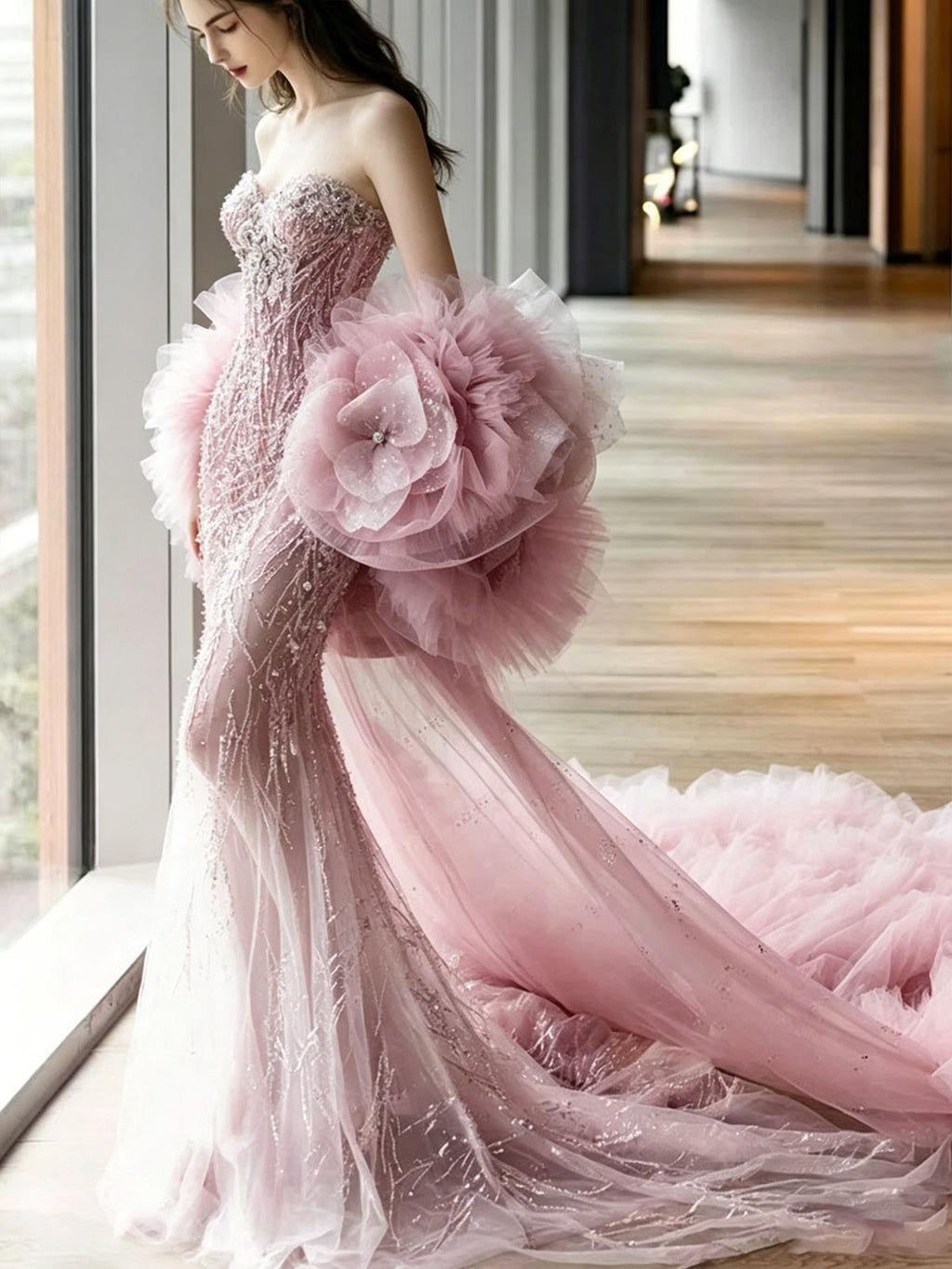 Strapless Pink Floral Tulle Glitter Mermaid Train Evening Gown