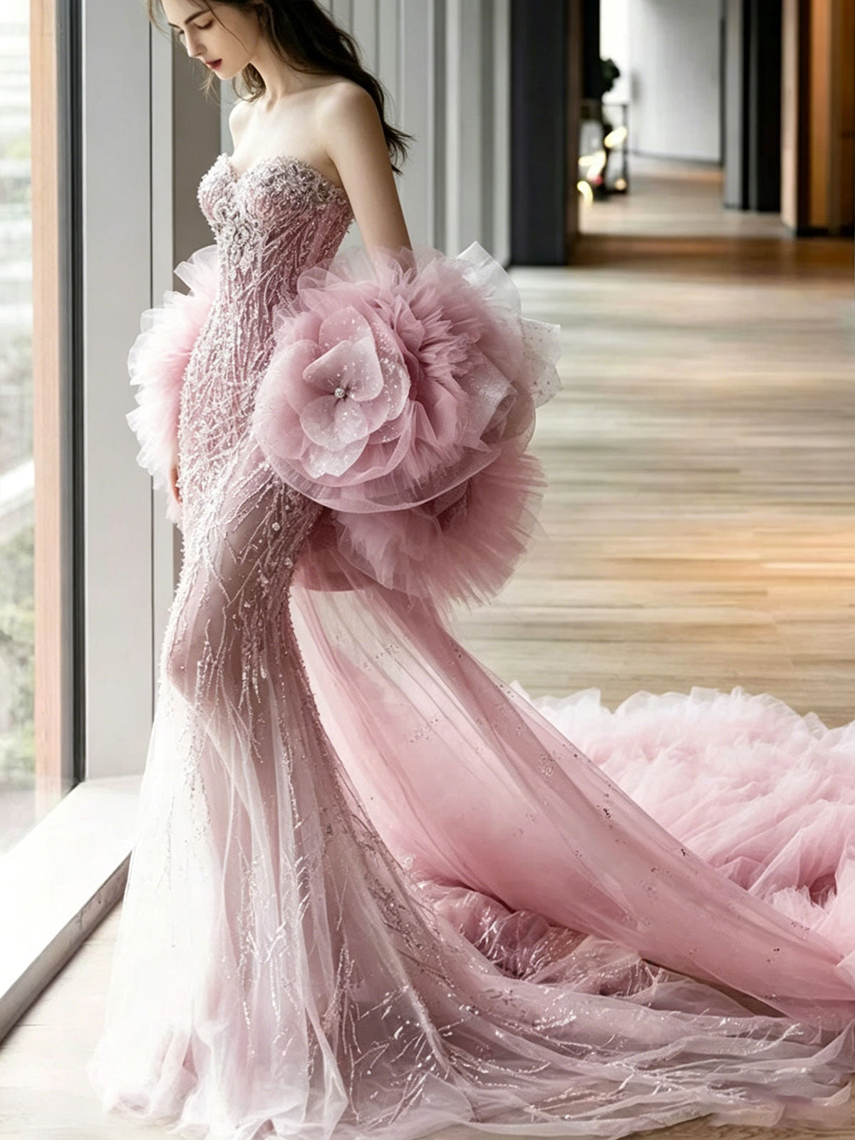 Strapless Pink Floral Tulle Glitter Mermaid Train Evening Gown