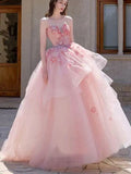 Blush Pink Strapless 3D Floral Tulle Ball Gown