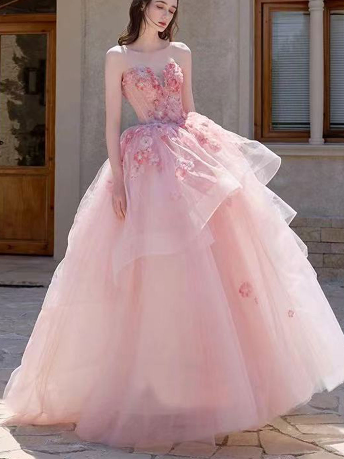 Blush Pink Strapless 3D Floral Tulle Ball Gown