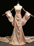 Champagne Gold Spaghetti Strap Sequin Evening Gown with Detachable Sleeves