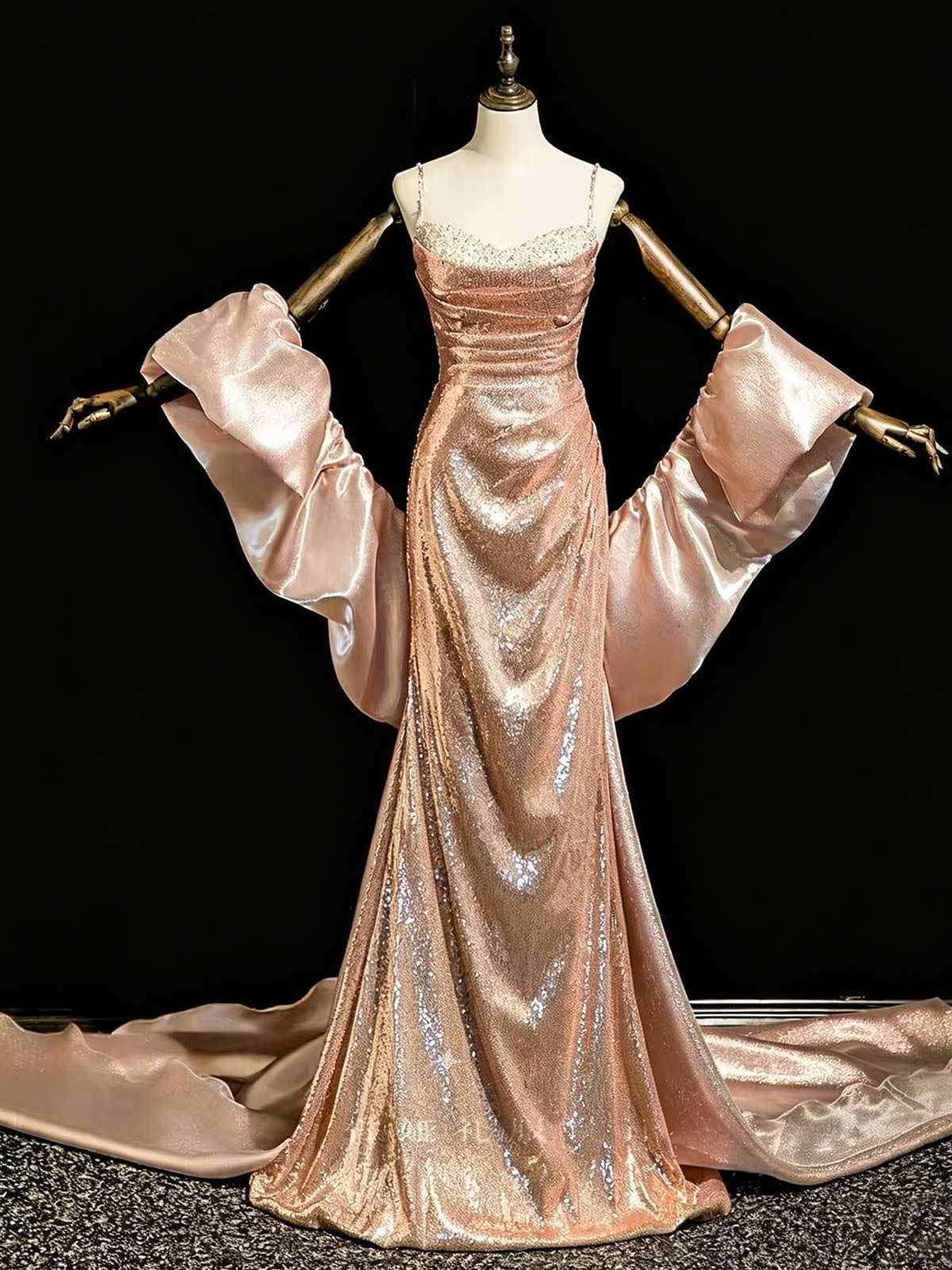 Champagne Gold Spaghetti Strap Sequin Evening Gown with Detachable Sleeves