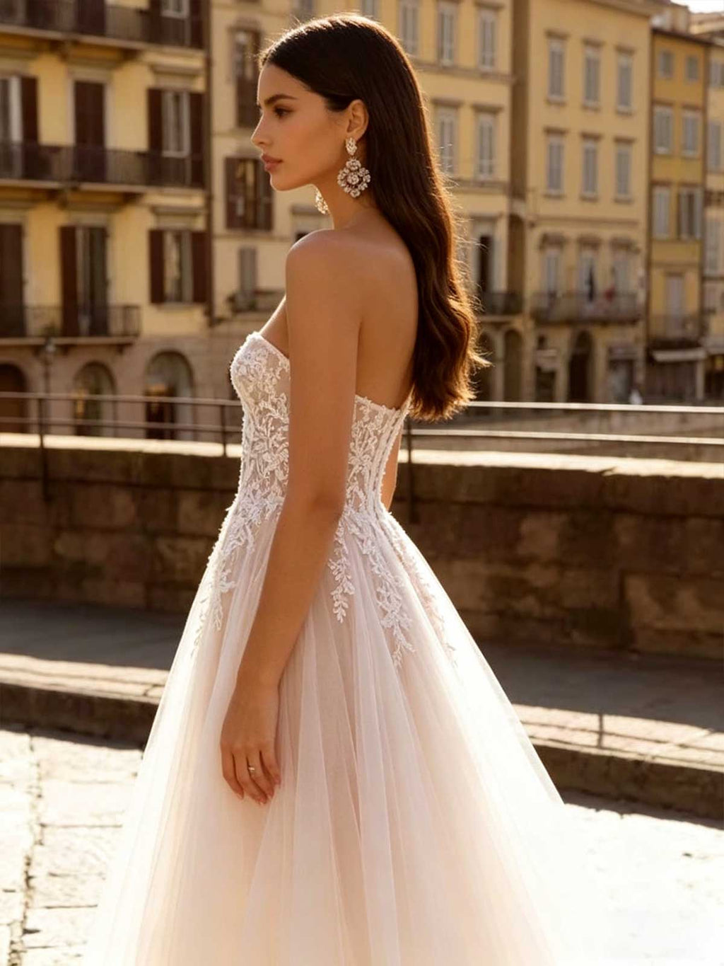 Blush Pink Lace Strapless Sheer Tulle A-Line Wedding Dress