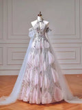 Silver & Pink Ombre Halter Evening Gown with 3D Petal Appliqués and Cape Train