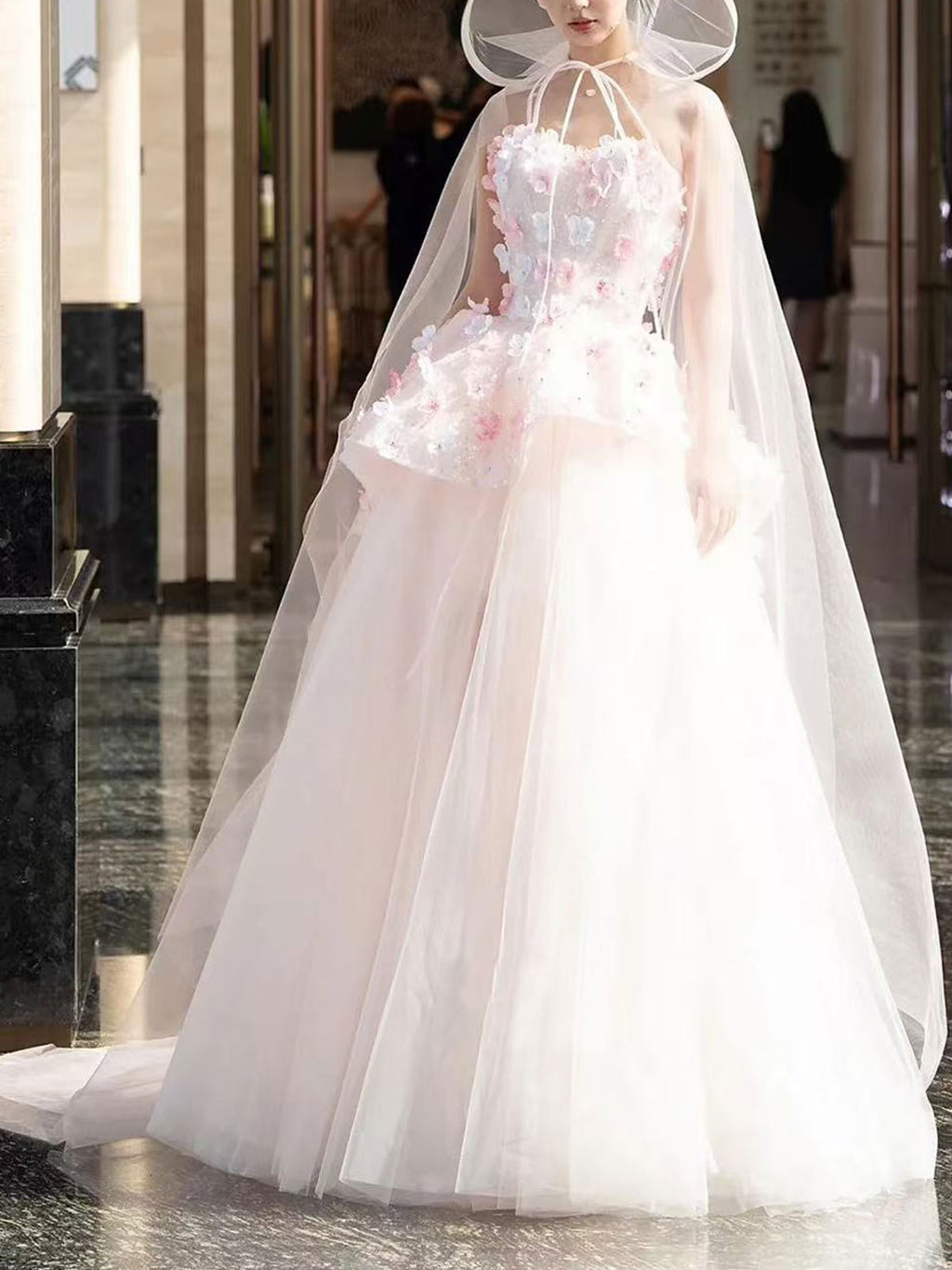 White & Blush Pink Strapless 3D Floral Tulle Wedding Dress with Cape