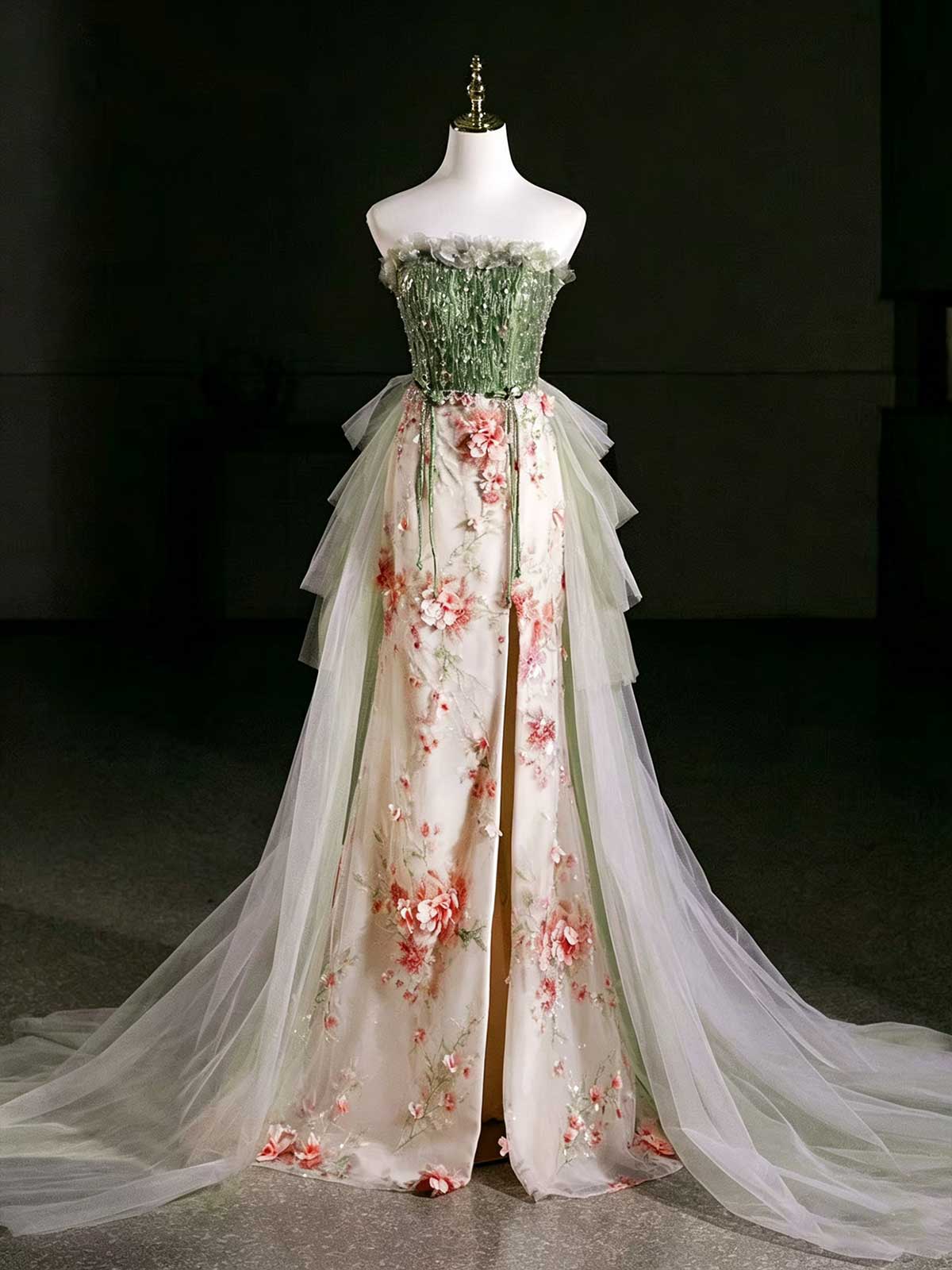 Green Beaded Strapless Evening Gown with Floral Embroidery & Tulle Overlay