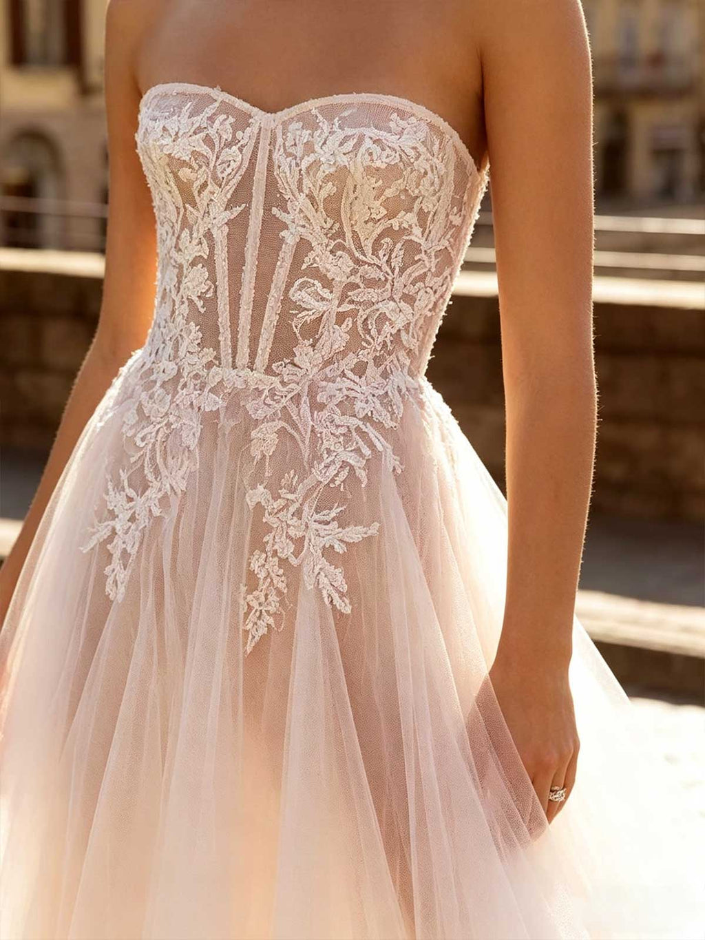 Blush Pink Lace Strapless Sheer Tulle A-Line Wedding Dress