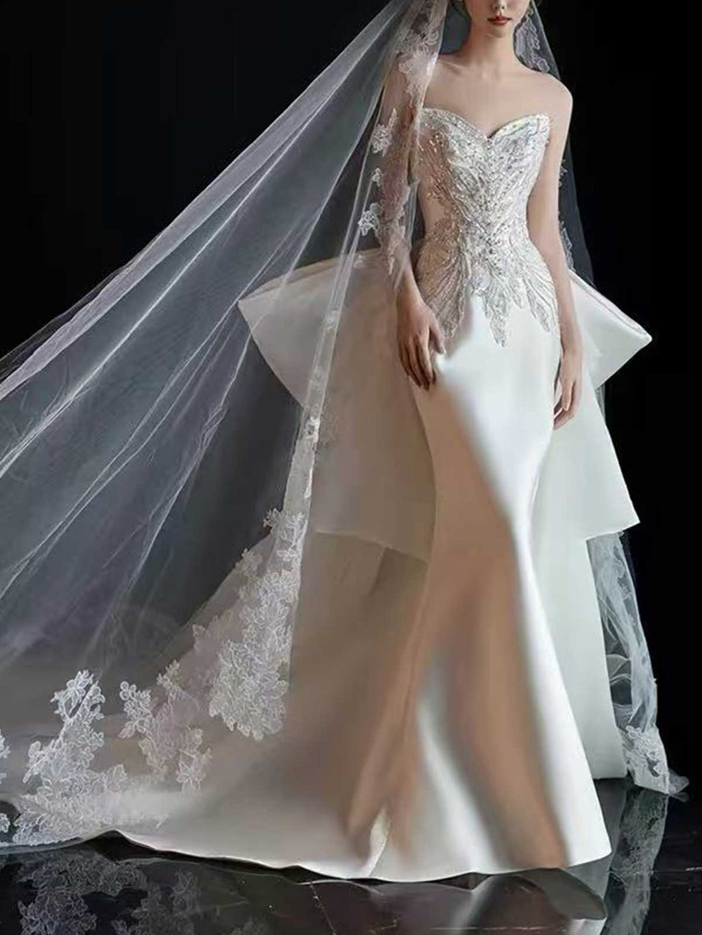White Strapless Lace & Satin Mermaid Wedding Dress with Oversized Bow