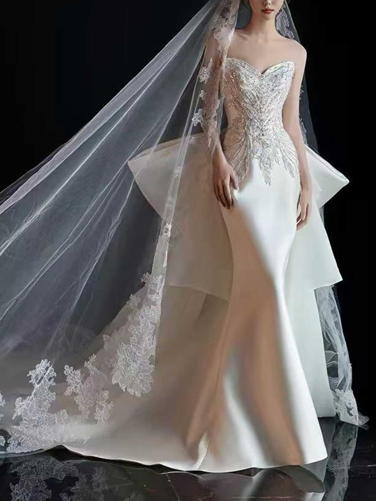 White Strapless Lace & Satin Mermaid Wedding Dress with Oversized Bow