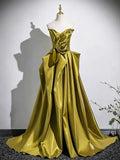 Olive Green Strapless Satin Ball Gown with Oversized Bow Detail